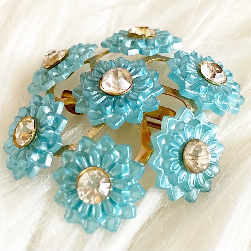 Vintage Blue Flower Rhinestone Brooch - Picture 5 of 8